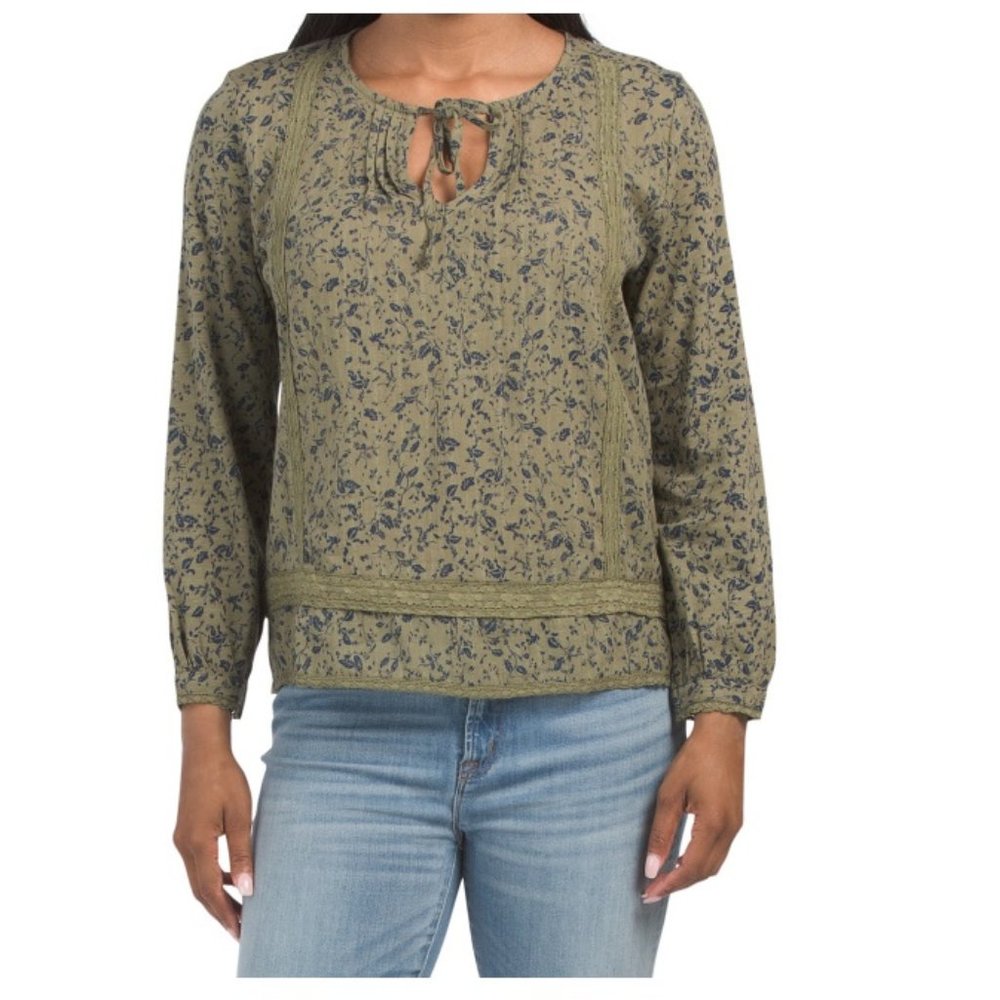 Lucky Brand Olive Lace mixed blouse